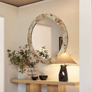 LuxenHome Burlywood Frame 31.5-Inch Round Accent and Vanity Wall Mirror