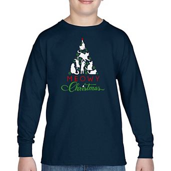 Meowy Christmas Tree - Boy's Word Art Long Sleeve T-shirt