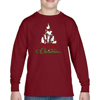 Meowy Christmas Tree - Boy's Word Art Long Sleeve T-shirt