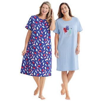 Dreams & Co. Plus Size V-Neck Short Sleeve Knee-Length Cotton Sleepshirt