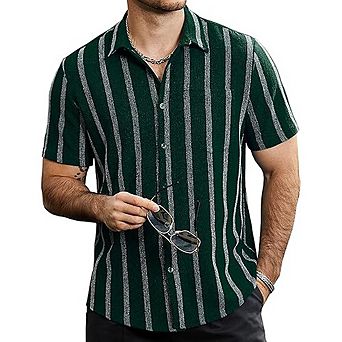 Men’s Summer Striped Button-Down Shirt Short Sleeve Vintage Beach Hawaiian