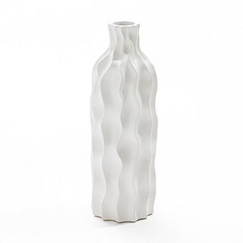 LuxenHome White Waves Ceramic 15.75-Inch Tall Round Vase