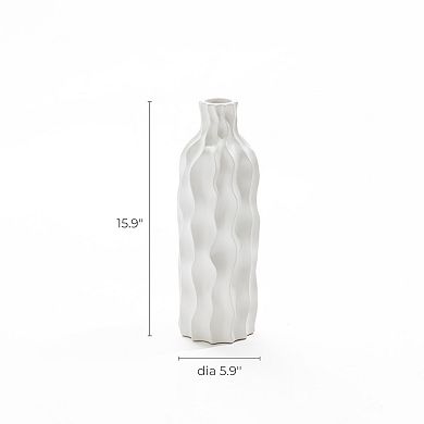LuxenHome White Waves Ceramic 15.75-Inch Tall Round Vase