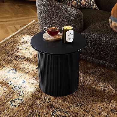 LuxenHome 15'' Small Accent Table Compact Size Black Fluted Fir & MDF Wood Round Side Tables