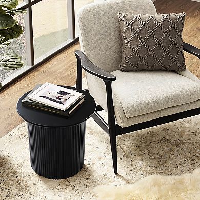 LuxenHome 15'' Small Accent Table Compact Size Black Fluted Fir & MDF Wood Round Side Tables