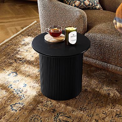 LuxenHome 15'' Small Accent Table Compact Size Black Fluted Fir & MDF Wood Round Side Tables