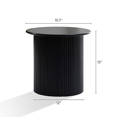 LuxenHome 15'' Small Accent Table Compact Size Black Fluted Fir & MDF Wood Round Side Tables