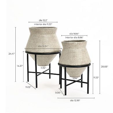 LuxenHome 2-Piece Beige Cachepot Planter Cauldron Set with Black Stands