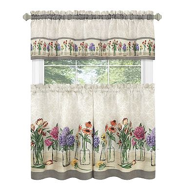 Kate Aurora 3 Piece Gardenia Florals Rod Pocket Kitchen Curtain Tier and Valance Set