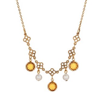 1928 Gold Tone Filigree Crystal & Simulated Pearl Collar Necklace