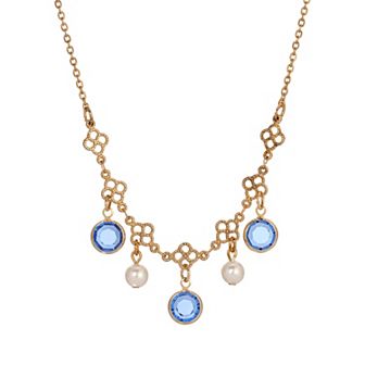 1928 Gold Tone Filigree Crystal & Simulated Pearl Collar Necklace