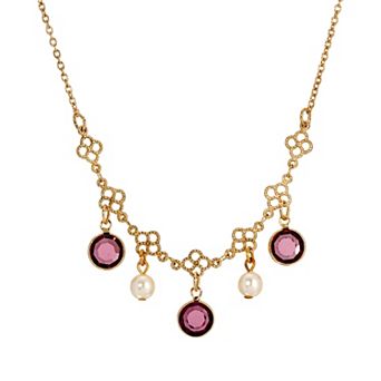 1928 Gold Tone Filigree Crystal & Simulated Pearl Collar Necklace