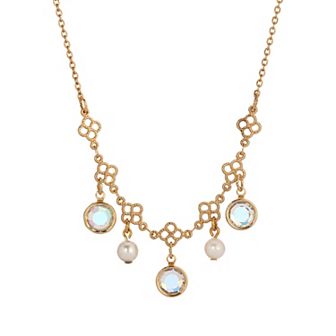 1928 Gold Tone Filigree Crystal & Simulated Pearl Collar Necklace