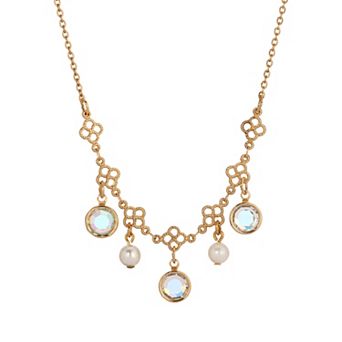 1928 Gold Tone Filigree Crystal & Simulated Pearl Collar Necklace