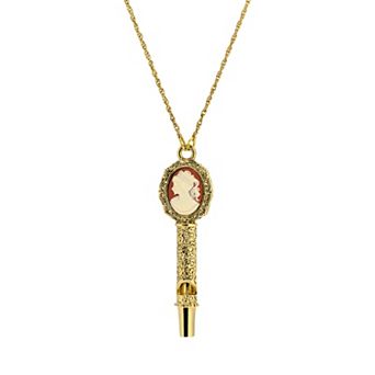 1928 Gold Tone Whistle Cameo Pendant Necklace
