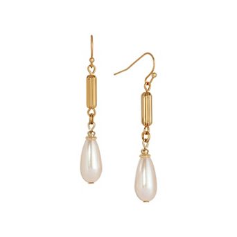 1928 Gold Tone Simulated Pearl Tube Bead Drop Earrings