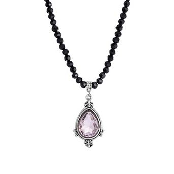 1928 Silver Tone Black Bead Light Purple Crystal Necklace