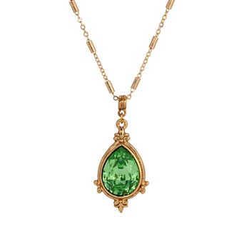 1928 1Gold Tone Green Crystal Framed Pendant Necklace