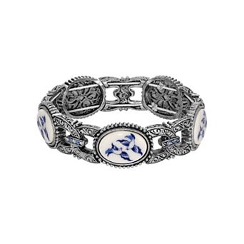 1928 Silver Tone Blue Crystal Bird Cameo Stretch Bracelet