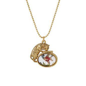 1928 Gold Tone Cat & Clear Stone Fishbowl Pendant Necklace
