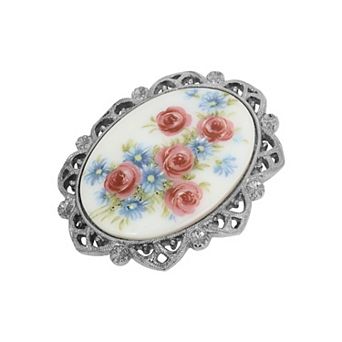 1928 Silver Tone Crystal Oval Floral Stone Brooch