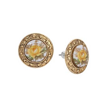 1928 Gold Tone Yellow Flower Stone Stud Earrings