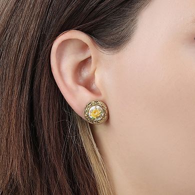 1928 Gold Tone Yellow Flower Stone Stud Earrings
