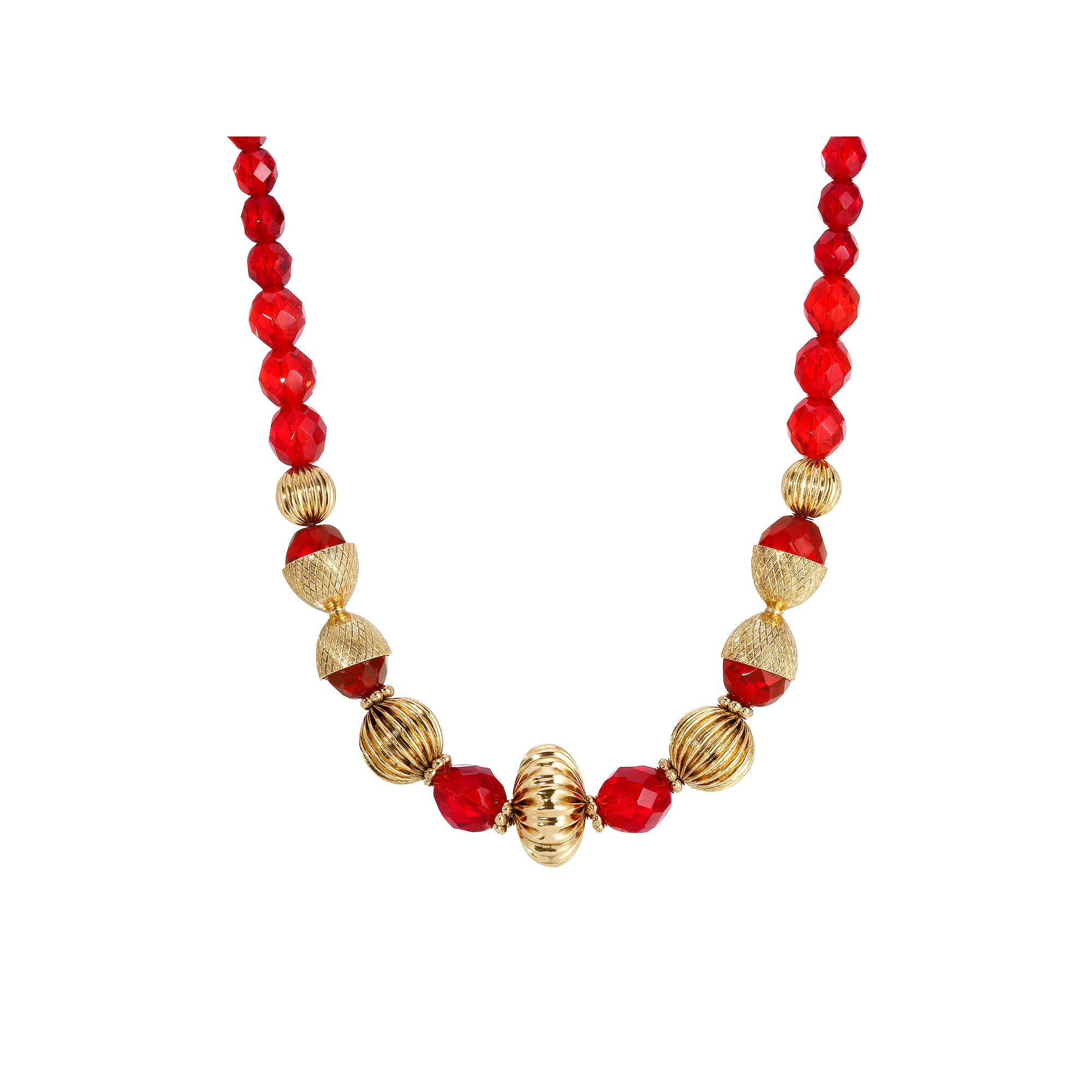 1928 14k Gold Dipped Red Glass & Gold Bead Adjustable Necklace, Womens