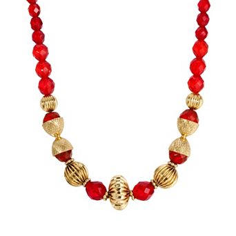 1928 14k Gold Dipped Red Glass & Gold Bead Adjustable Necklace