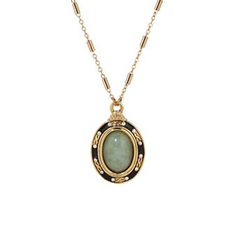 1928 Gold Tone Green Crystal Framed Oval Pendant Necklace