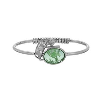 1928 Silver Tone Green Stone Cat & Fishbowl Bracelet