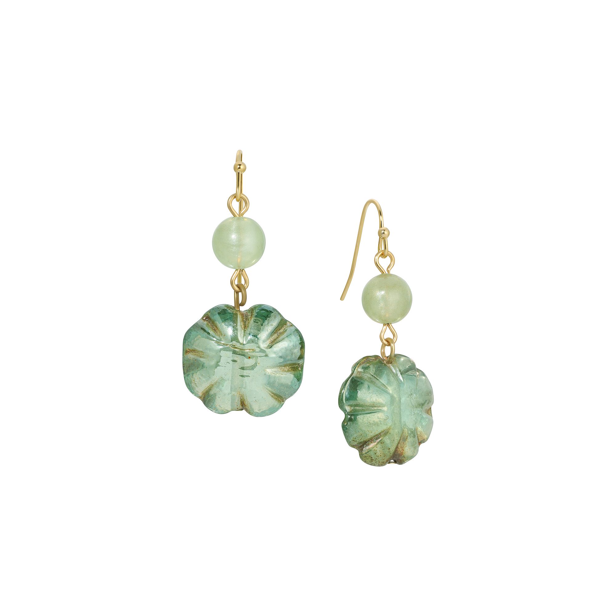 1928 Gold Tone Green Crystal Ribbed Bead Drop Earrings, Womens