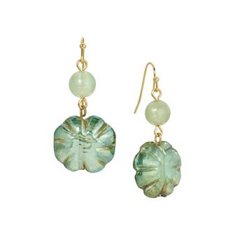 1928 Gold Tone Green Crystal Ribbed Bead Drop Earrings