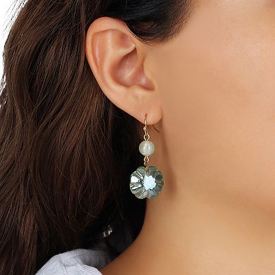 1928 Gold Tone Green Crystal Ribbed Bead Drop Earrings