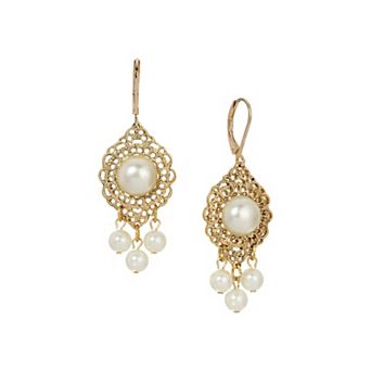 1928 Gold Tone Simulated Pearl Chandelier Drop Earrings