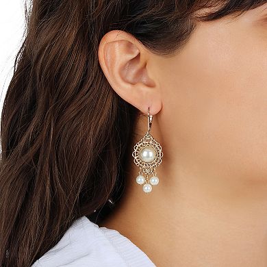 1928 Gold Tone Simulated Pearl Chandelier Drop Earrings