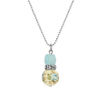 1928 Silver Tone Blue Crystal Rose Bead Pendant Necklace