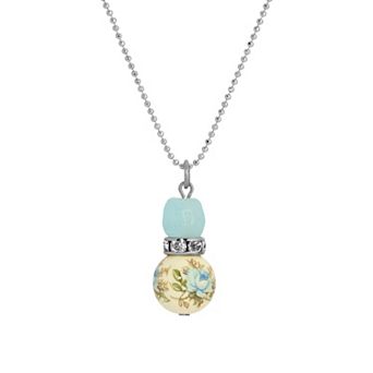 1928 Silver Tone Blue Crystal Rose Bead Pendant Necklace