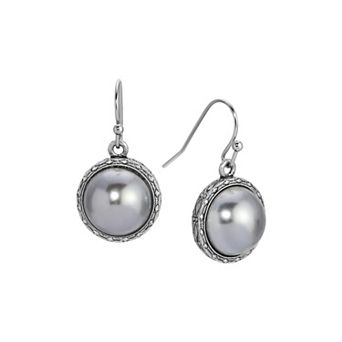 1928 Silver Tone Gray Stone Round Drop Earrings
