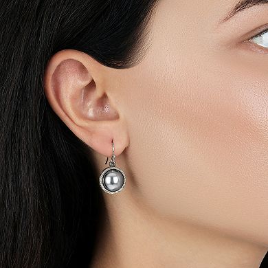 1928 Silver Tone Gray Stone Round Drop Earrings