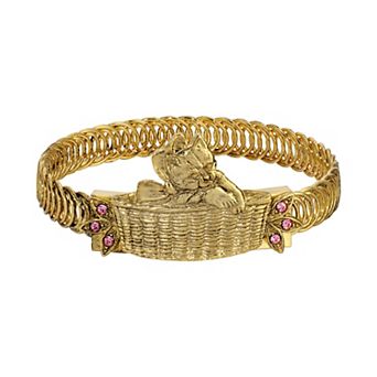 1928 Gold Tone Crystal Cat In Basket Bracelet