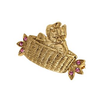 1928 Gold Tone Crystal Cat In Basket Brooch