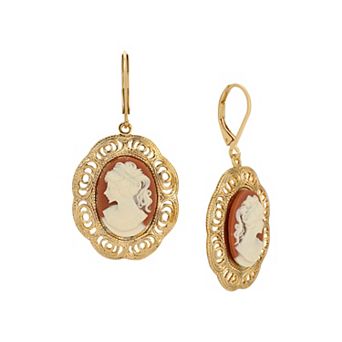 1928 Gold Tone Carnelian Cameo Drop Earrings
