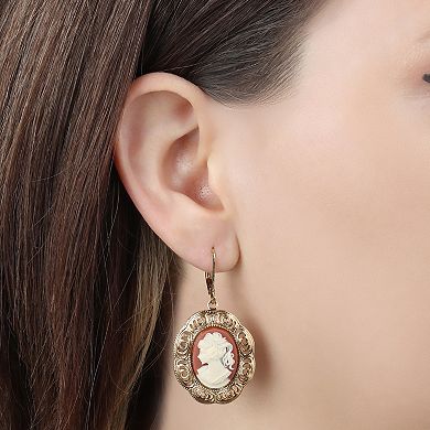 1928 Gold Tone Carnelian Cameo Drop Earrings
