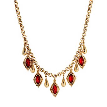 1928 Gold Tone Red Crystal Drop Collar Necklace