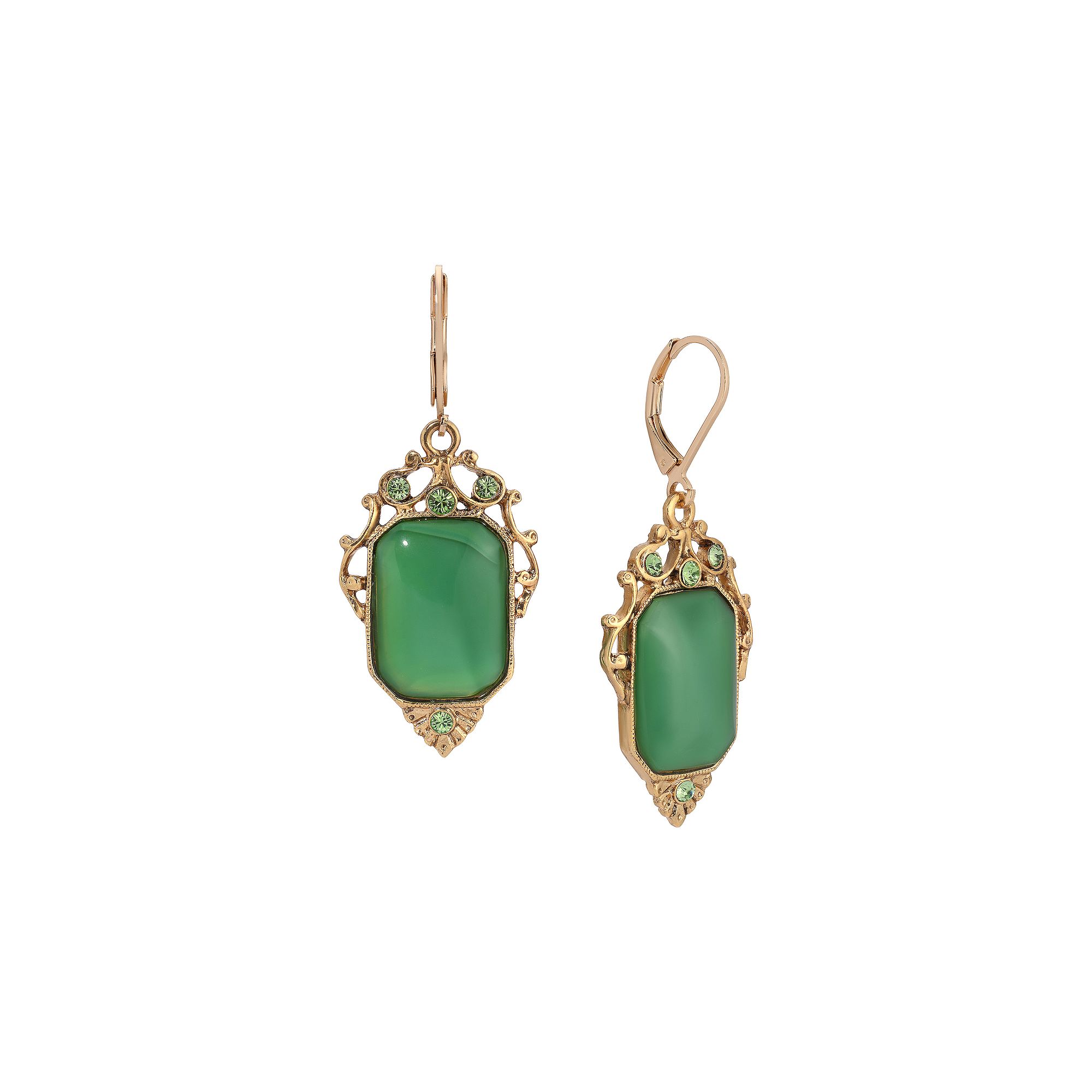 1928 Gold Tone Green Crystal Rectangle Drop Earrings, Womens