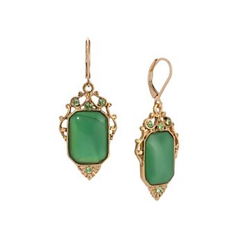 1928 Gold Tone Green Crystal Rectangle Drop Earrings