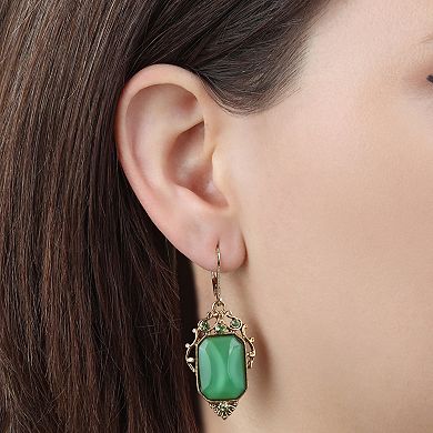 1928 Gold Tone Green Crystal Rectangle Drop Earrings