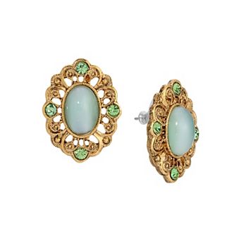 1928 Gold Tone Green Crystal Framed Oval Stud Earrings