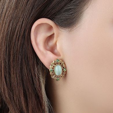 1928 Gold Tone Green Crystal Framed Oval Stud Earrings